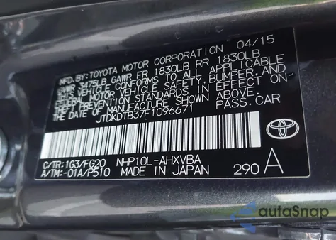 2015 Toyota Prius C Two from USA, damaged, VIN JTDKDTB37F1096671